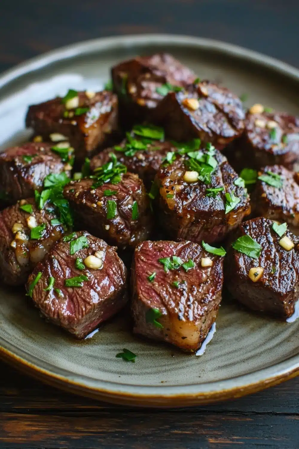 Garlic butter steak bites ingredients - the image shows a plate of cooked steak on a wooden table. the steak appears to be medium-rare and has a dark brown color. it is garnished with chopped parsley and pine nuts. the plate is round and has an olive green rim. the background is blurred, making the steak the focal point of the image.
