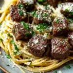 Garlic butter steak bites with linguine - the image shows a plate of spaghetti and meatballs. the spaghetti is cooked al dente and is topped with a generous amount of grated parmesan cheese. the meatballs are dark brown and appear to be seasoned with herbs and spices. the dish is garnished with chopped parsley. the plate is sitting on a dark grey tablecloth.