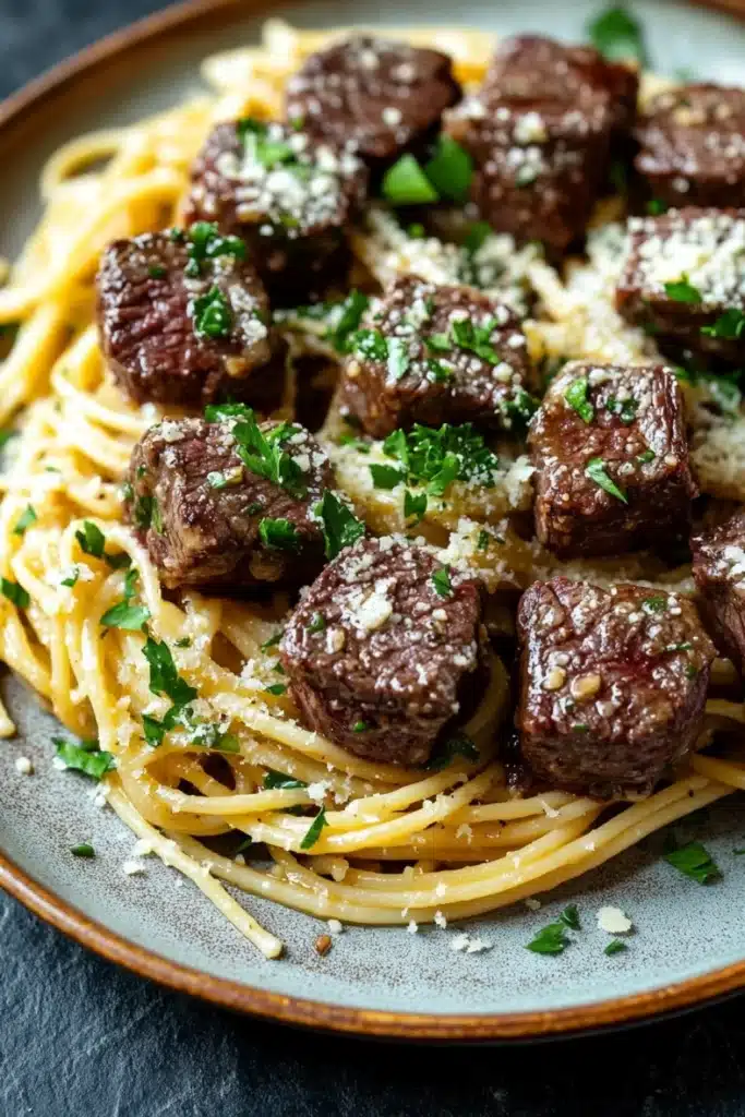 Garlic butter steak bites with linguine - the image shows a plate of spaghetti and meatballs. the spaghetti is cooked al dente and is topped with a generous amount of grated parmesan cheese. the meatballs are dark brown and appear to be seasoned with herbs and spices. the dish is garnished with chopped parsley. the plate is sitting on a dark grey tablecloth.