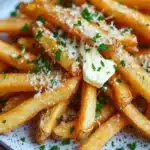 Garlic parmesan cheese fries - the image shows a plate of french fries. the fries are golden brown and appear to be crispy on the outside. they are garnished with chopped parsley and a dollop of sour cream. the plate is blue and white with a speckled pattern. the background is blurred, but it appears to be a wooden table.