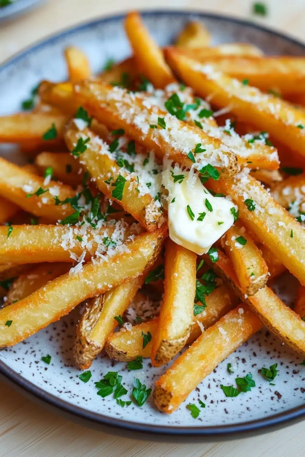 Garlic parmesan cheese fries - the image shows a plate of french fries. the fries are golden brown and appear to be crispy on the outside. they are garnished with chopped parsley and a dollop of sour cream. the plate is blue and white with a speckled pattern. the background is blurred, but it appears to be a wooden table.