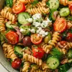 Greek pasta salad vegan - the image is a close-up of a bowl of pasta salad. the bowl is made of ceramic and has a blue and white speckled pattern. the pasta is fusilli, which is a type of spiral-shaped pasta, and is mixed with various vegetables such as sliced tomatoes, cucumbers, red onions, and olives. the vegetables are garnished with fresh dill and crumbled feta cheese. the salad appears to be freshly prepared and ready to eat.