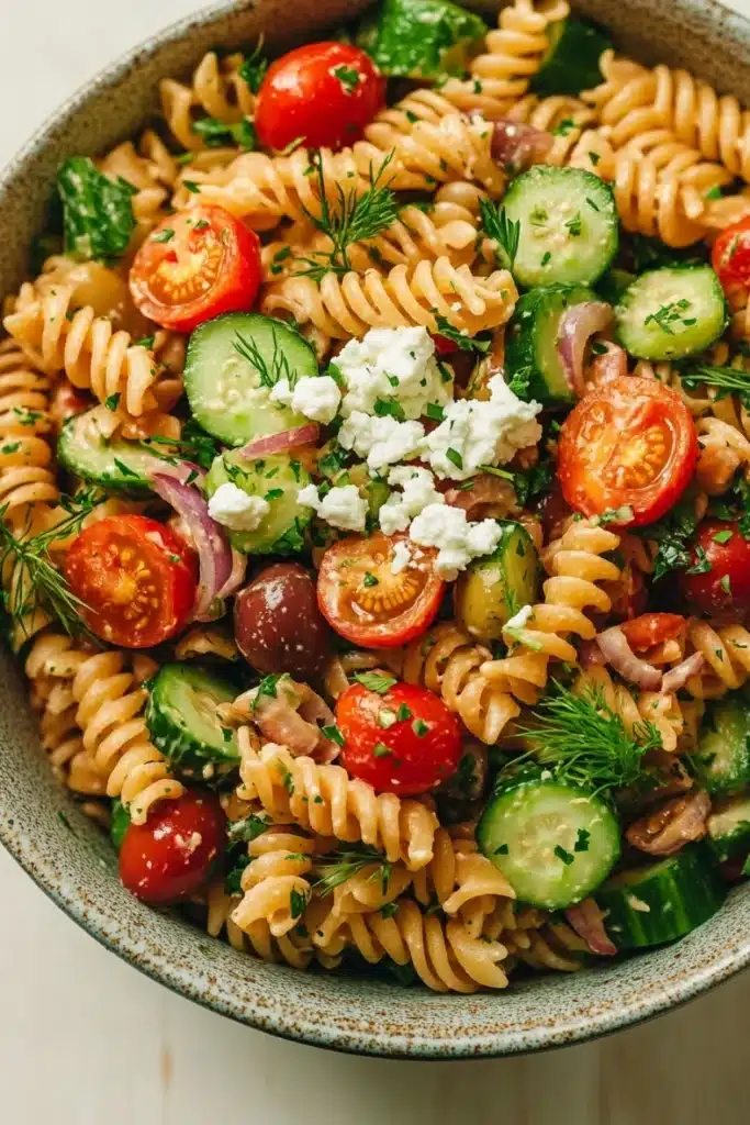 Greek pasta salad vegan - the image is a close-up of a bowl of pasta salad. the bowl is made of ceramic and has a blue and white speckled pattern. the pasta is fusilli, which is a type of spiral-shaped pasta, and is mixed with various vegetables such as sliced tomatoes, cucumbers, red onions, and olives. the vegetables are garnished with fresh dill and crumbled feta cheese. the salad appears to be freshly prepared and ready to eat.