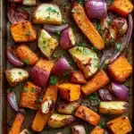 Greek roasted root vegetables - the image shows a baking tray filled with roasted vegetables. the vegetables are arranged in a single layer on the tray, with some overlapping each other. the carrots are orange and yellow in color, and they are seasoned with herbs and spices. there are also small pieces of red onions scattered throughout the tray. the tray is lined with parchment paper, and the vegetables appear to be freshly cooked. the background is dark, making the colors of the vegetables stand out.
