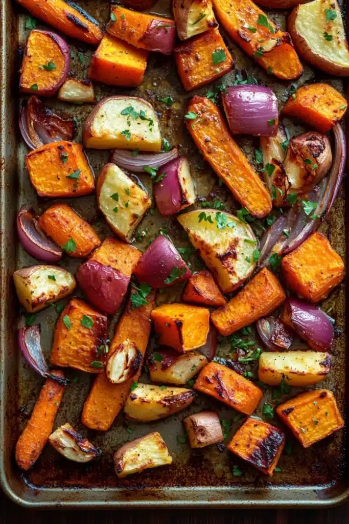 Greek roasted root vegetables - the image shows a baking tray filled with roasted vegetables. the vegetables are arranged in a single layer on the tray, with some overlapping each other. the carrots are orange and yellow in color, and they are seasoned with herbs and spices. there are also small pieces of red onions scattered throughout the tray. the tray is lined with parchment paper, and the vegetables appear to be freshly cooked. the background is dark, making the colors of the vegetables stand out.