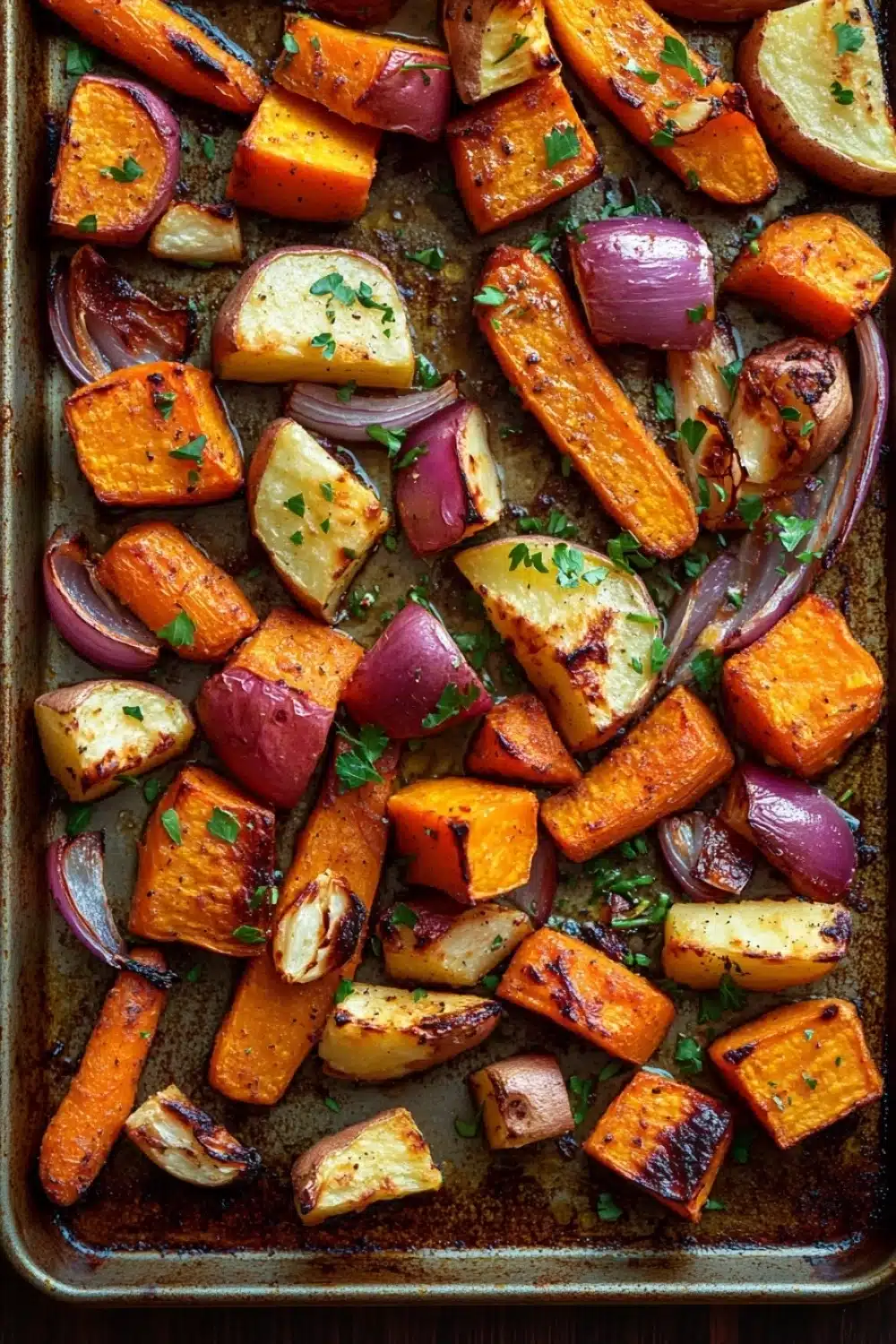 Greek roasted root vegetables - the image shows a baking tray filled with roasted vegetables. the vegetables are arranged in a single layer on the tray, with some overlapping each other. the carrots are orange and yellow in color, and they are seasoned with herbs and spices. there are also small pieces of red onions scattered throughout the tray. the tray is lined with parchment paper, and the vegetables appear to be freshly cooked. the background is dark, making the colors of the vegetables stand out.