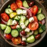 Greek salad - the image is a close-up of a bowl of salad on a wooden table. the salad is made up of sliced cucumbers, cherry tomatoes, red onions, and feta cheese. the cucumbers are cut into thin slices and are arranged in a circular pattern. the cherry tomatoes are bright red and appear to be ripe and juicy. the red onions are sliced into thin strips and are scattered throughout the salad. the feta is crumbled and adds a creamy texture to the dish. there are also some sprigs of parsley on top of the salad, adding a pop of green color. the bowl is made of dark wood and has a rustic, weathered appearance.