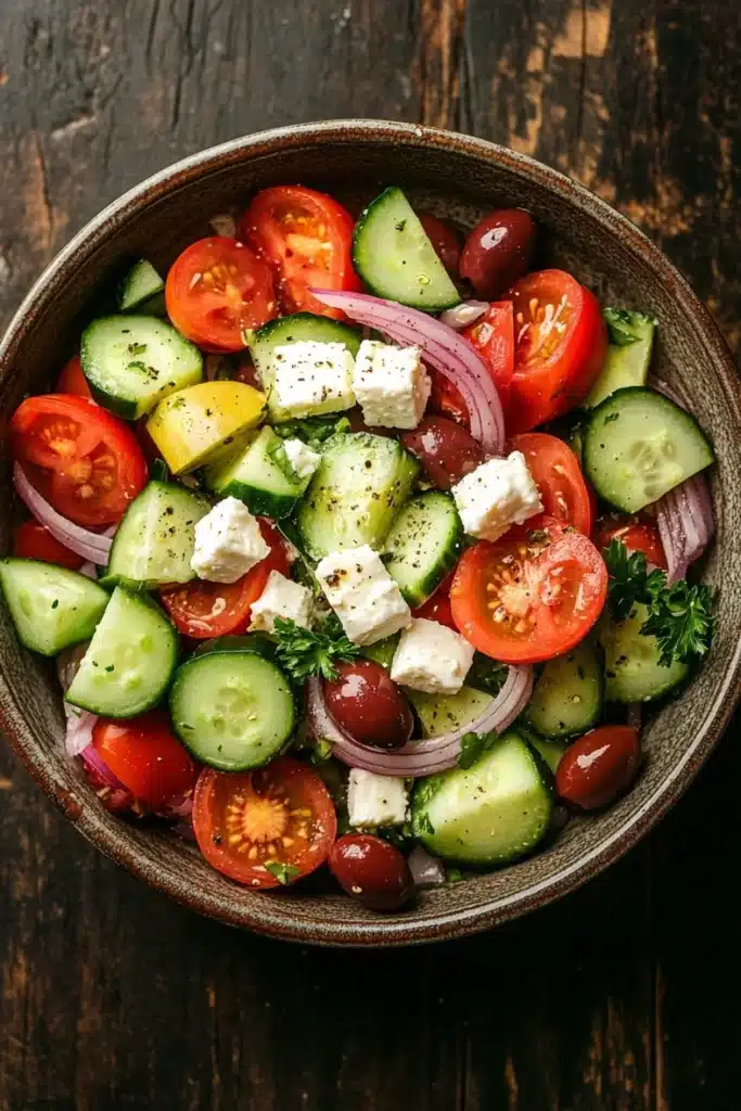 Greek salad - the image is a close-up of a bowl of salad on a wooden table. the salad is made up of sliced cucumbers, cherry tomatoes, red onions, and feta cheese. the cucumbers are cut into thin slices and are arranged in a circular pattern. the cherry tomatoes are bright red and appear to be ripe and juicy. the red onions are sliced into thin strips and are scattered throughout the salad. the feta is crumbled and adds a creamy texture to the dish. there are also some sprigs of parsley on top of the salad, adding a pop of green color. the bowl is made of dark wood and has a rustic, weathered appearance.