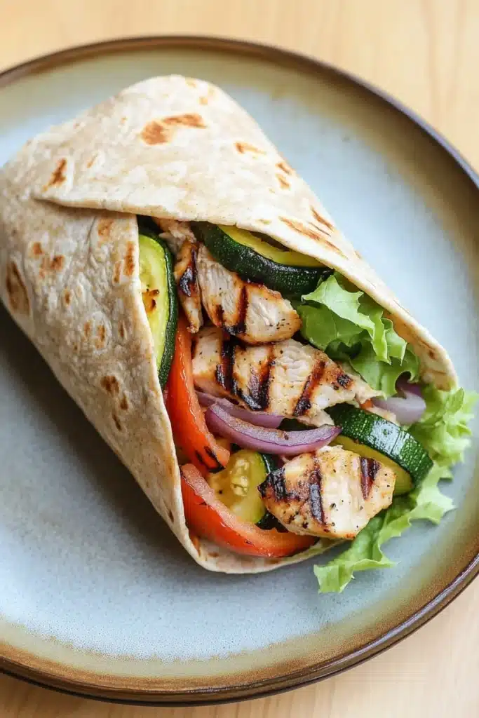 Grilled chicken and veggie wrap - the image shows a wrap on a blue plate. the wrap is made of tortilla and is filled with grilled chicken, zucchini, red onion, and cherry tomatoes. the chicken is cooked to a golden brown color and appears to be seasoned with herbs and spices. the vegetables are arranged in a circular pattern around the wrap, with some overlapping each other. the plate is sitting on a wooden table.