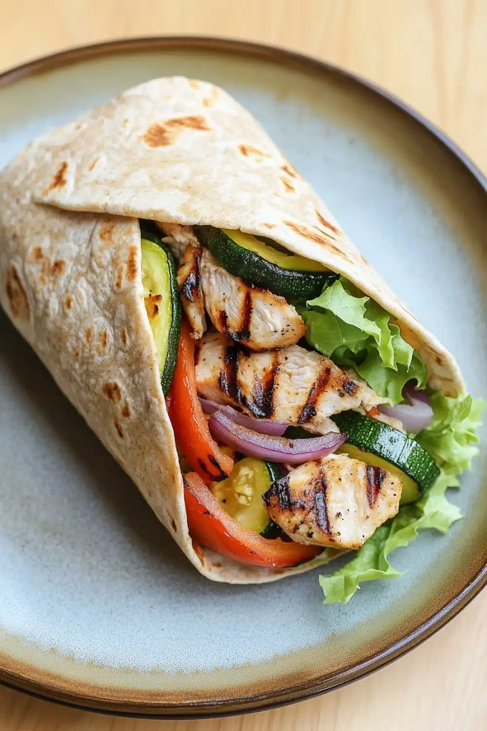 Grilled chicken and veggie wrap - the image shows a wrap on a blue plate. the wrap is made of tortilla and is filled with grilled chicken, zucchini, red onion, and cherry tomatoes. the chicken is cooked to a golden brown color and appears to be seasoned with herbs and spices. the vegetables are arranged in a circular pattern around the wrap, with some overlapping each other. the plate is sitting on a wooden table.