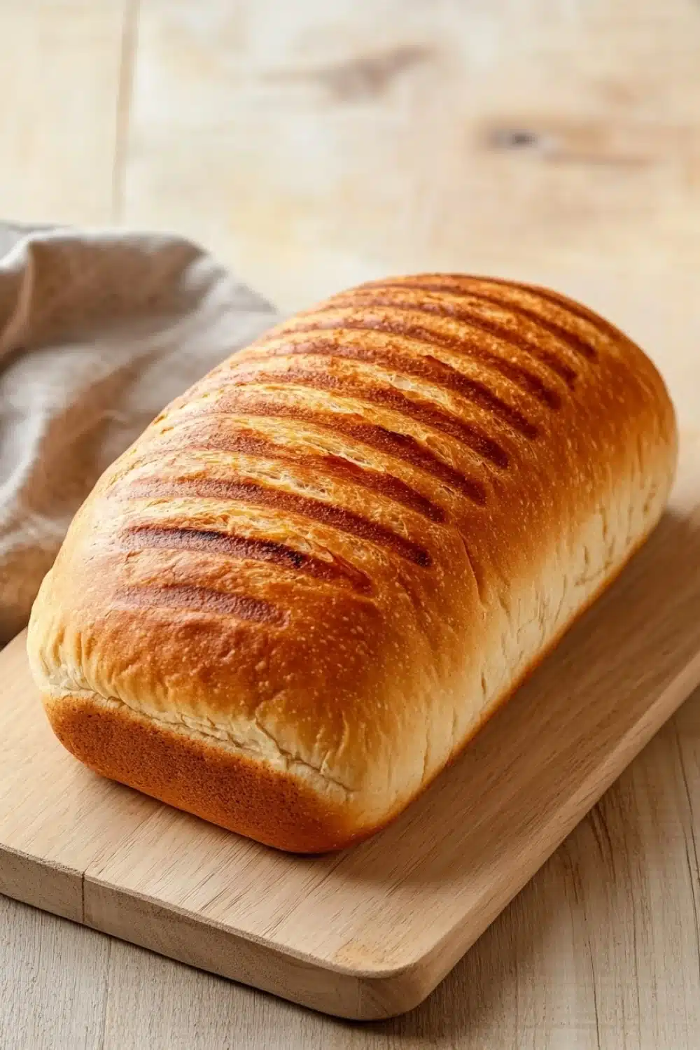 Grilled chicken sandwich bread - the image shows a freshly baked loaf of bread on a wooden cutting board. the bread is golden brown in color and has a soft, fluffy texture. it appears to be freshly baked, with visible ridges and grooves on the surface. the cutting board is placed on a light-colored wooden table, and there is a beige cloth napkin next to it. the background is blurred, but it seems to be a kitchen countertop.