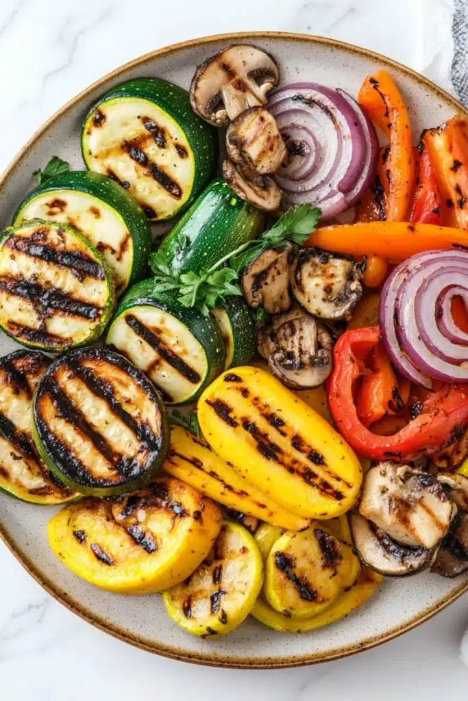 Grilled vegetables in air fryer - the image is a close-up of a plate of grilled vegetables. the plate is round and has a beige rim. the vegetables are arranged in a circular pattern on the plate. on the left side of the plate, there are sliced zucchini, yellow bell peppers, red onions, and mushrooms. the zucchinis are grilled to a golden brown color and have a crispy texture. the mushrooms are sliced into thin slices and are scattered throughout the plate with a sprig of parsley on top. the colors of the vegetables are vibrant and the plate is sitting on a white marble countertop.