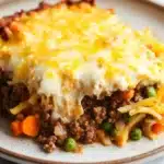 Ground beef casserole with hashbrowns - the image shows a slice of shepherd's pie on a white plate. the pie has a golden brown crust and is topped with a layer of melted cheese. the cheese is melted and bubbly, and it appears to be melted over the top of the pie. the filling is a mix of ground beef, carrots, peas, and other vegetables. the plate is sitting on a marble countertop.