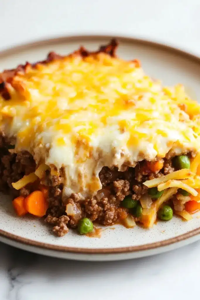 Ground beef casserole with hashbrowns - the image shows a slice of shepherd's pie on a white plate. the pie has a golden brown crust and is topped with a layer of melted cheese. the cheese is melted and bubbly, and it appears to be melted over the top of the pie. the filling is a mix of ground beef, carrots, peas, and other vegetables. the plate is sitting on a marble countertop.