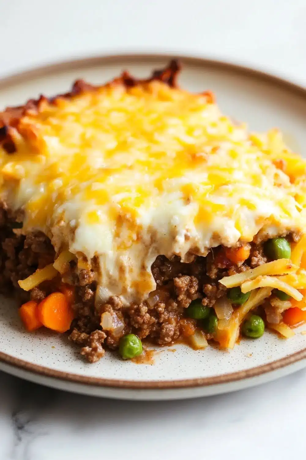 Ground beef casserole with hashbrowns - the image shows a slice of shepherd's pie on a white plate. the pie has a golden brown crust and is topped with a layer of melted cheese. the cheese is melted and bubbly, and it appears to be melted over the top of the pie. the filling is a mix of ground beef, carrots, peas, and other vegetables. the plate is sitting on a marble countertop.