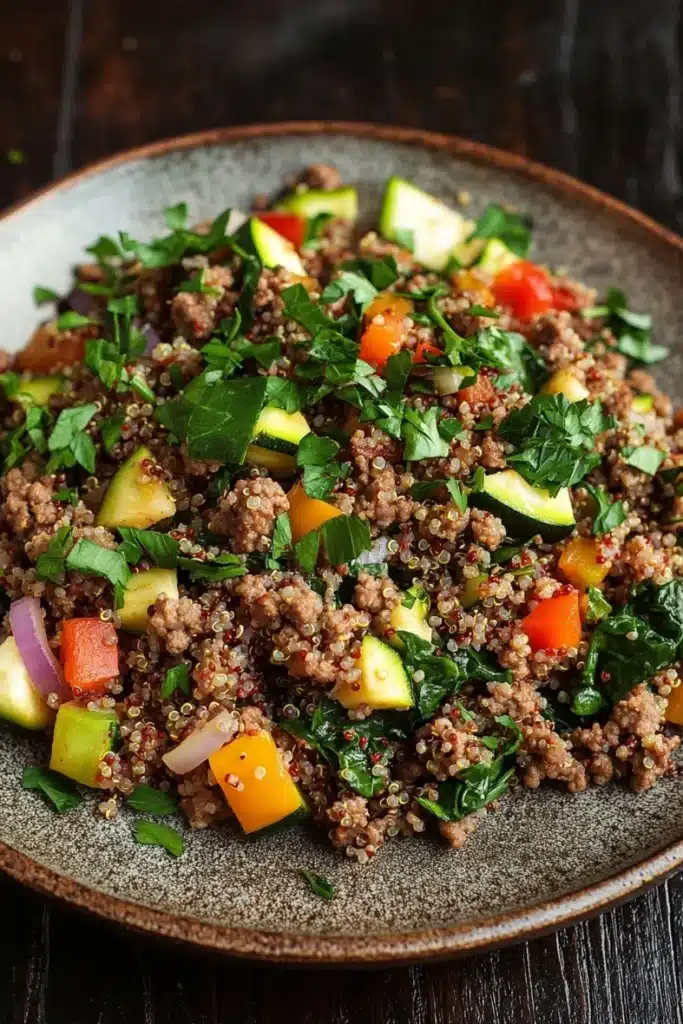 Ground beef dinner high protein - the image is a close-up of a plate of food. the plate is made of dark brown ceramic and is placed on a wooden table. the food appears to be a salad with a variety of ingredients, including quinoa, sliced zucchini, red bell peppers, and greens. the quinoa is a light brown color and is mixed with the vegetables, creating a colorful and appetizing dish. the vegetables are arranged in a circular pattern on top of the quinoa. there are also some fresh herbs scattered throughout the dish, adding a pop of green color. the overall appearance of the dish is fresh and vibrant.