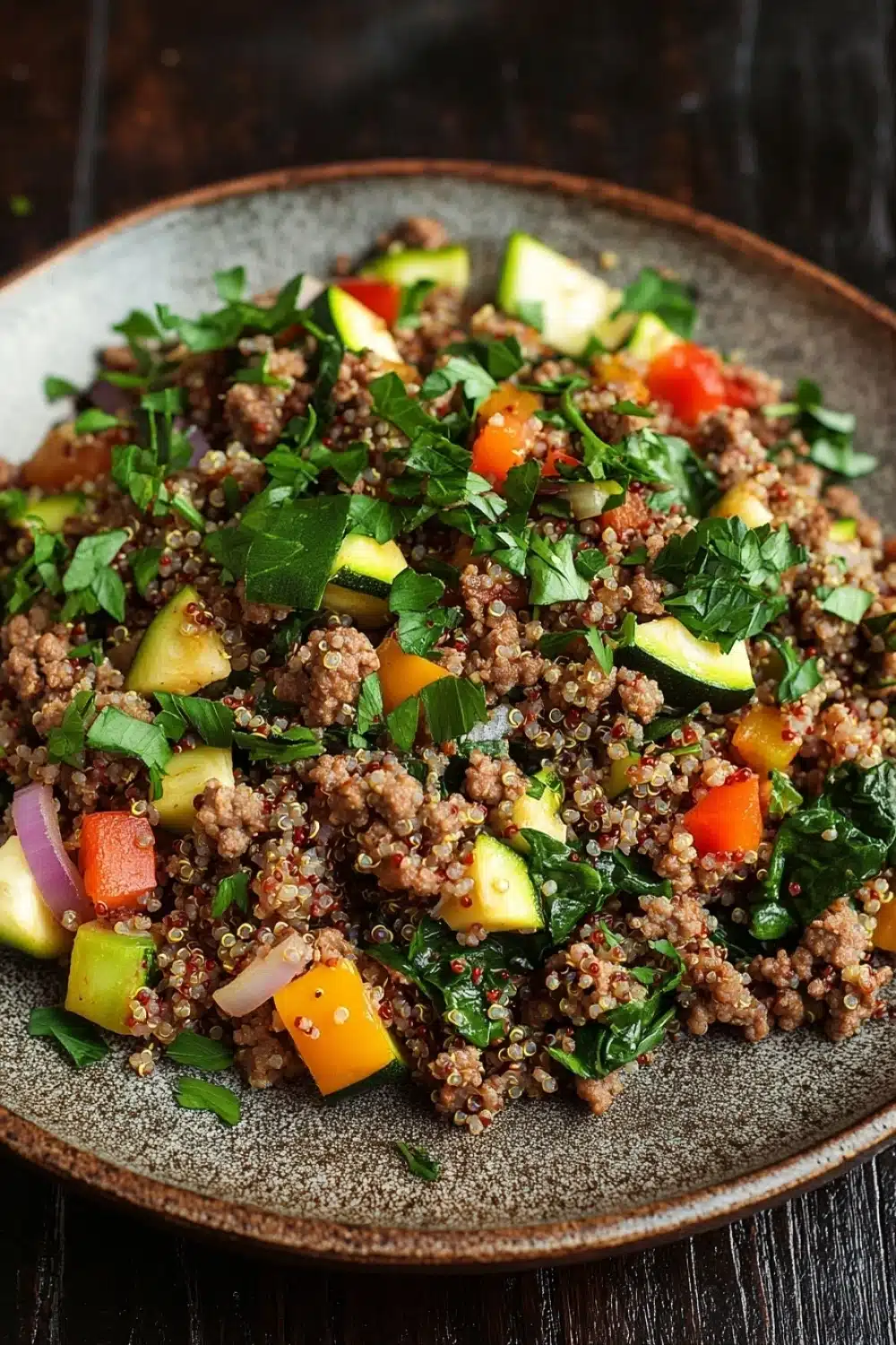 Ground beef dinner high protein - the image is a close-up of a plate of food. the plate is made of dark brown ceramic and is placed on a wooden table. the food appears to be a salad with a variety of ingredients, including quinoa, sliced zucchini, red bell peppers, and greens. the quinoa is a light brown color and is mixed with the vegetables, creating a colorful and appetizing dish. the vegetables are arranged in a circular pattern on top of the quinoa. there are also some fresh herbs scattered throughout the dish, adding a pop of green color. the overall appearance of the dish is fresh and vibrant.