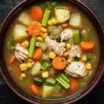Hearty chicken vegetable soup crock pot - the image is a close-up of a bowl of soup on a dark wooden table. the soup appears to be a vegetable soup with chunks of chicken, corn, carrots, celery, and other vegetables mixed in. the broth is a light brown color and looks thick and creamy. the vegetables are bright orange and appear to be fresh and vibrant. the bowl is made of ceramic and has a dark brown rim. the background is blurred, making the soup the focal point of the image.