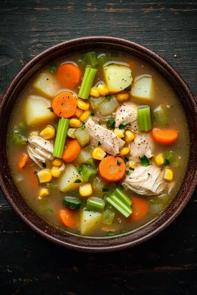 Hearty chicken vegetable soup crock pot - the image is a close-up of a bowl of soup on a dark wooden table. the soup appears to be a vegetable soup with chunks of chicken, corn, carrots, celery, and other vegetables mixed in. the broth is a light brown color and looks thick and creamy. the vegetables are bright orange and appear to be fresh and vibrant. the bowl is made of ceramic and has a dark brown rim. the background is blurred, making the soup the focal point of the image.