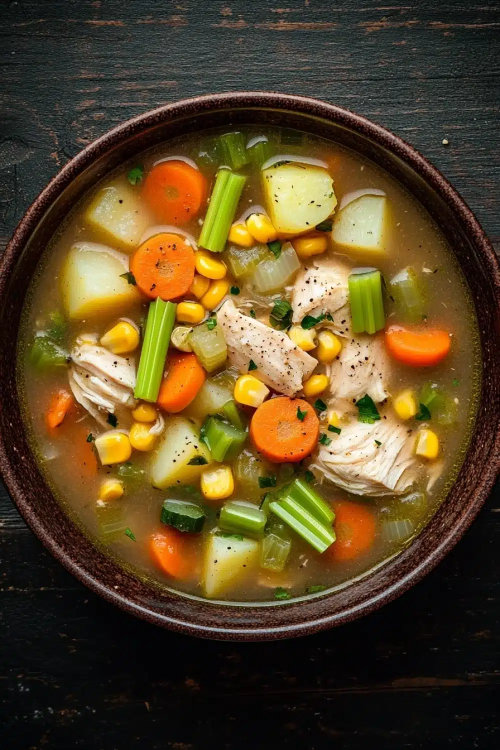 Hearty chicken vegetable soup crock pot - the image is a close-up of a bowl of soup on a dark wooden table. the soup appears to be a vegetable soup with chunks of chicken, corn, carrots, celery, and other vegetables mixed in. the broth is a light brown color and looks thick and creamy. the vegetables are bright orange and appear to be fresh and vibrant. the bowl is made of ceramic and has a dark brown rim. the background is blurred, making the soup the focal point of the image.