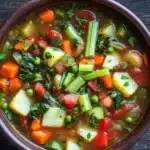 Hearty vegetable soup vegetarian - the image is a close-up of a bowl of soup on a wooden table. the soup appears to be a vegetable soup with chunks of carrots, celery, and other vegetables mixed in. the vegetables are cut into small cubes and are garnished with chopped parsley. the broth is a light brown color and looks thick and creamy. the bowl is made of ceramic and has a dark brown rim. the background is dark and out of focus, making the colors of the soup stand out.