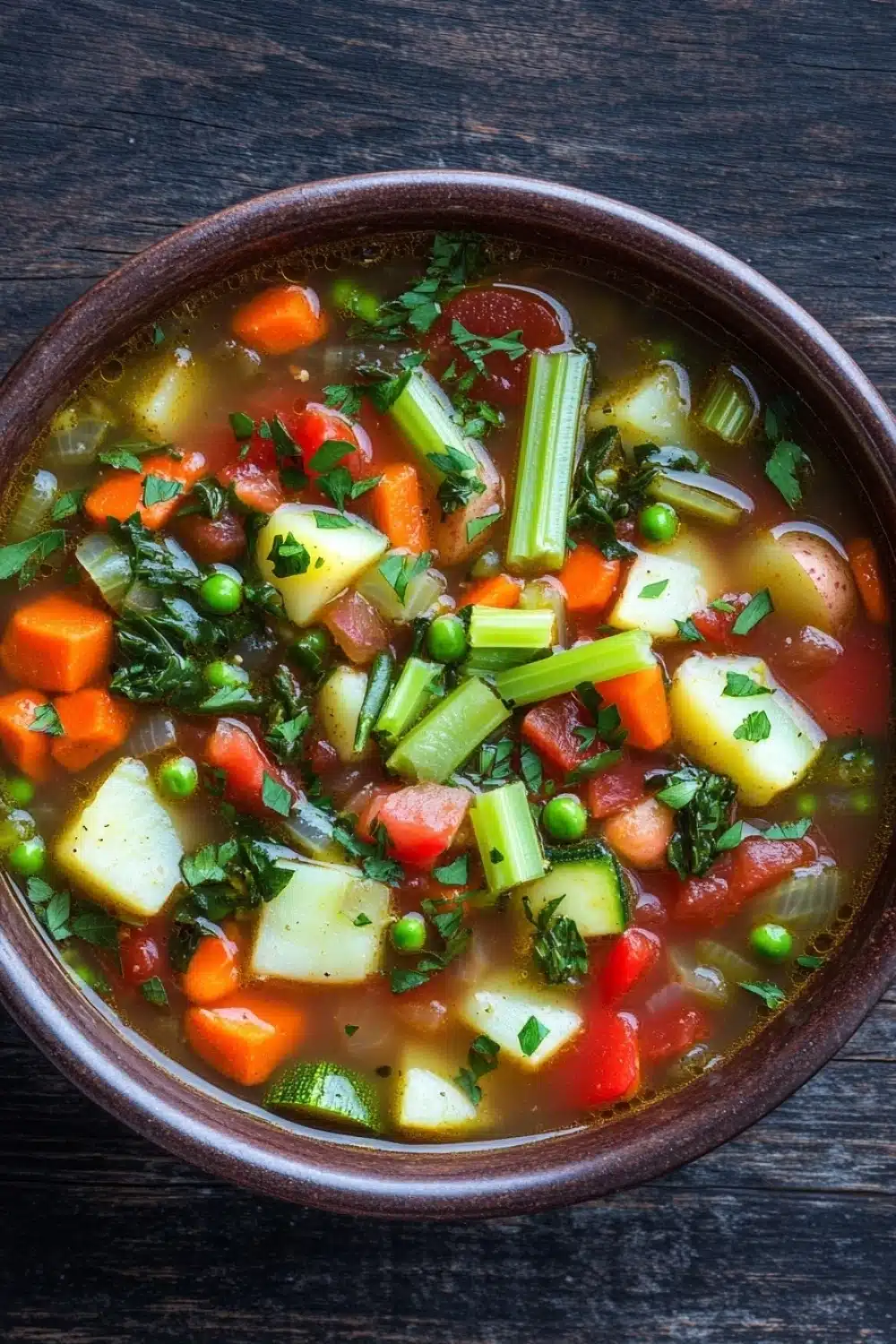 Hearty vegetable soup vegetarian - the image is a close-up of a bowl of soup on a wooden table. the soup appears to be a vegetable soup with chunks of carrots, celery, and other vegetables mixed in. the vegetables are cut into small cubes and are garnished with chopped parsley. the broth is a light brown color and looks thick and creamy. the bowl is made of ceramic and has a dark brown rim. the background is dark and out of focus, making the colors of the soup stand out.