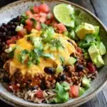High protein beef enchilada bowls - the image is a close-up of a bowl of food. the bowl is made of ceramic and is placed on a wooden table. the food in the bowl appears to be a taco dish with a layer of ground beef, black beans, diced tomatoes, avocado, and cilantro on top. there are also two lime wedges on the side of the bowl. the colors of the food are vibrant and the dish looks appetizing.