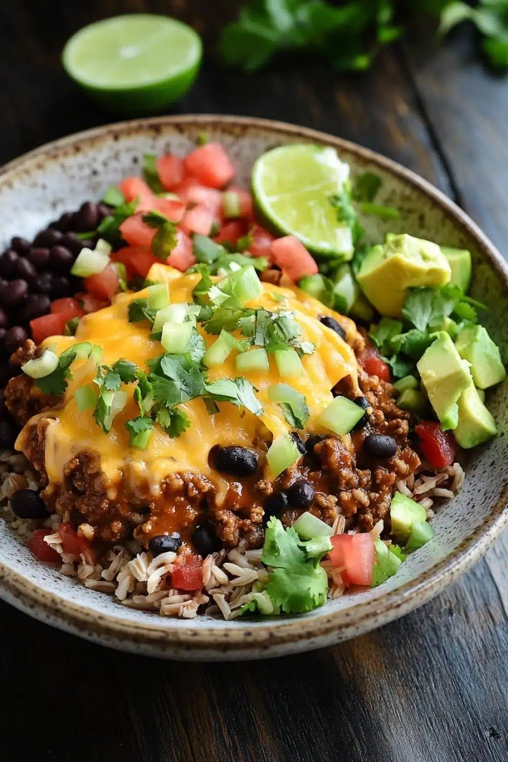 High protein beef enchilada bowls - the image is a close-up of a bowl of food. the bowl is made of ceramic and is placed on a wooden table. the food in the bowl appears to be a taco dish with a layer of ground beef, black beans, diced tomatoes, avocado, and cilantro on top. there are also two lime wedges on the side of the bowl. the colors of the food are vibrant and the dish looks appetizing.