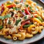 High protein chicken fajita mac n cheese - the image is a close-up of a plate of pasta dish. the pasta appears to be fusilli, which is a type of spiral-shaped pasta, and is mixed with various vegetables such as red, yellow, and green bell peppers, onions, and grilled chicken. the dish is garnished with fresh cilantro leaves. the plate is brown and has a speckled pattern around the edges. the background is dark, making the colors of the dish stand out.