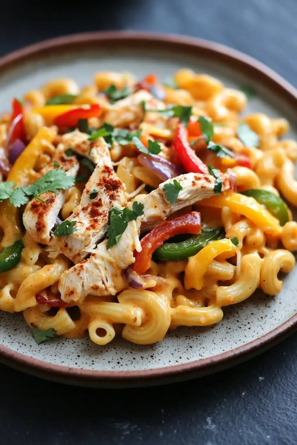 High protein chicken fajita mac n cheese - the image is a close-up of a plate of pasta dish. the pasta appears to be fusilli, which is a type of spiral-shaped pasta, and is mixed with various vegetables such as red, yellow, and green bell peppers, onions, and grilled chicken. the dish is garnished with fresh cilantro leaves. the plate is brown and has a speckled pattern around the edges. the background is dark, making the colors of the dish stand out.