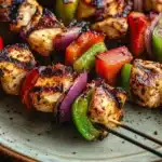 High protein chicken kebab - the image shows a plate of grilled chicken skewers. the skewers are made up of small pieces of chicken, red and green bell peppers, and red onions. the chicken is cooked to a golden brown color and appears to be seasoned with herbs and spices. the peppers are cut into small cubes and are arranged in a circular pattern on the skewers, with some pieces overlapping each other. the plate is a light blue color with a speckled texture. the background is blurred, but it seems to be a wooden table.