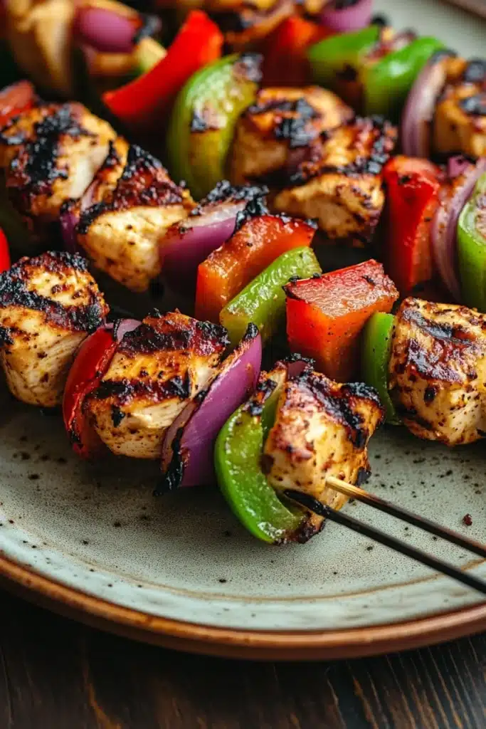 High protein chicken kebab - the image shows a plate of grilled chicken skewers. the skewers are made up of small pieces of chicken, red and green bell peppers, and red onions. the chicken is cooked to a golden brown color and appears to be seasoned with herbs and spices. the peppers are cut into small cubes and are arranged in a circular pattern on the skewers, with some pieces overlapping each other. the plate is a light blue color with a speckled texture. the background is blurred, but it seems to be a wooden table.