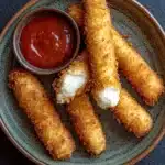 Homemade mozzarella sticks without string cheese - the image shows a plate of breaded chicken tenders with a small bowl of ketchup on the side. the tenders are golden brown and appear to be crispy on the outside. they are arranged in a circular pattern on the plate, with some of them overlapping each other. on top of the tenders, there is a dollop of sour cream. the plate is made of a dark green ceramic with a speckled pattern. the background is a dark grey surface.