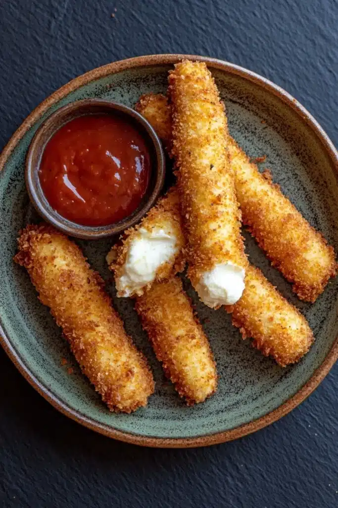 Homemade mozzarella sticks without string cheese - the image shows a plate of breaded chicken tenders with a small bowl of ketchup on the side. the tenders are golden brown and appear to be crispy on the outside. they are arranged in a circular pattern on the plate, with some of them overlapping each other. on top of the tenders, there is a dollop of sour cream. the plate is made of a dark green ceramic with a speckled pattern. the background is a dark grey surface.