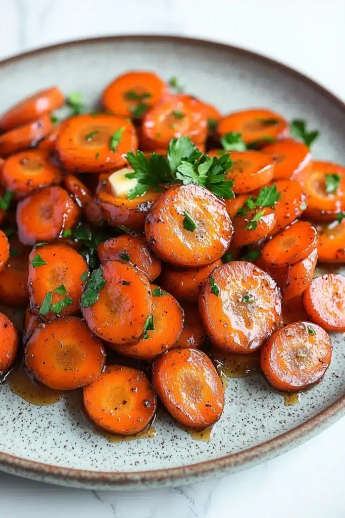 Honey and brown sugar glazed carrots - the image shows a plate of cooked carrots. the carrots are bright orange in color and appear to be seasoned with herbs and spices. they are arranged in a circular pattern on the plate, with some overlapping each other. the plate is white with a speckled pattern, and there are a few sprigs of parsley scattered around the plate. the background is blurred, but it appears to be a kitchen countertop.