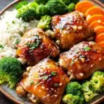 Honey garlic chicken thigh dinner - the image shows a plate of food with four pieces of chicken covered in a brown sauce. the chicken appears to be cooked and has a golden brown color. the sauce is drizzled over the top of the chicken and is garnished with chopped herbs. on the side of the plate, there is a bed of white rice and a few pieces of broccoli and carrots. the plate is sitting on a wooden table with a sprig of parsley in the background.