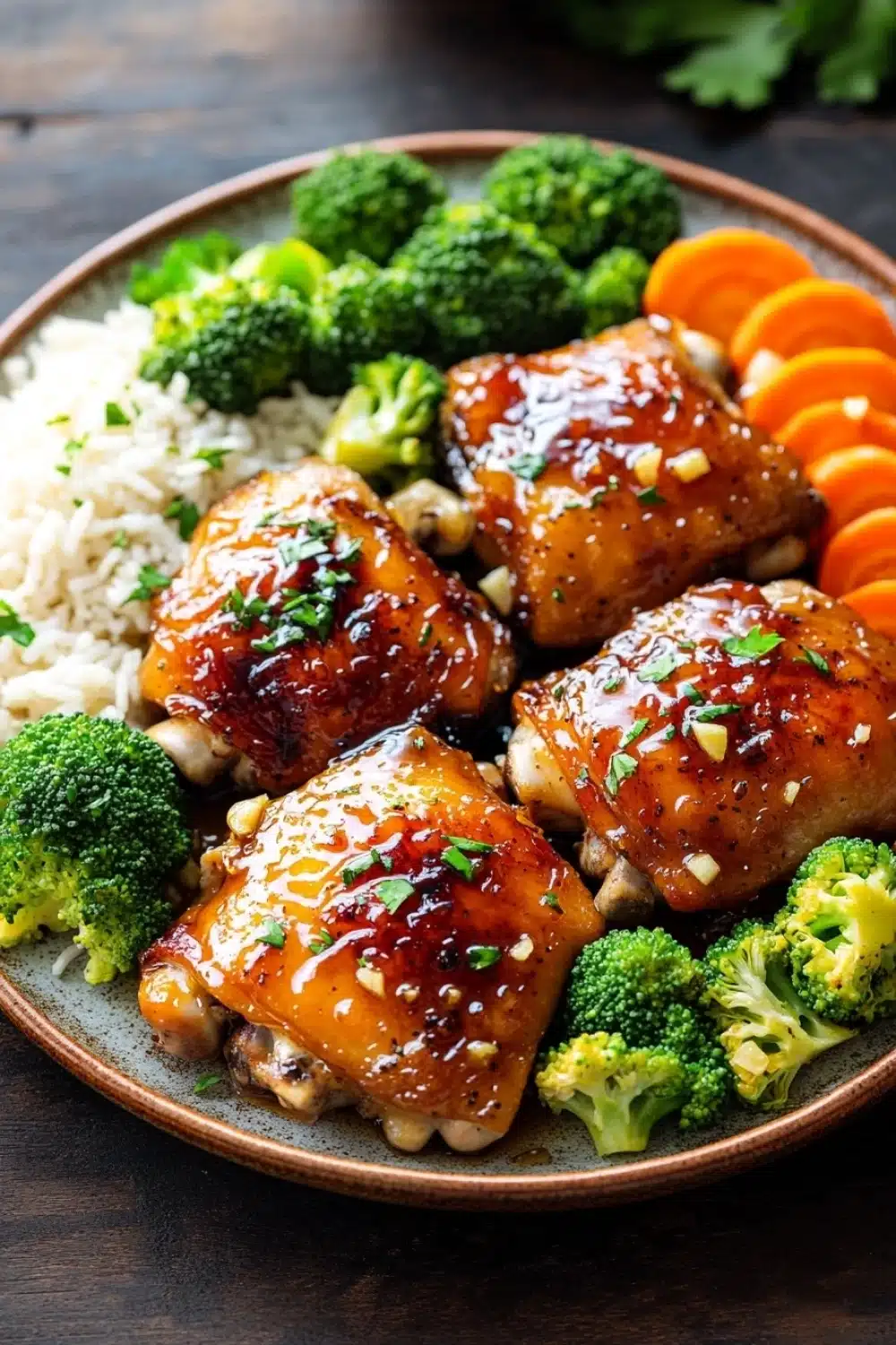Honey garlic chicken thigh dinner - the image shows a plate of food with four pieces of chicken covered in a brown sauce. the chicken appears to be cooked and has a golden brown color. the sauce is drizzled over the top of the chicken and is garnished with chopped herbs. on the side of the plate, there is a bed of white rice and a few pieces of broccoli and carrots. the plate is sitting on a wooden table with a sprig of parsley in the background.
