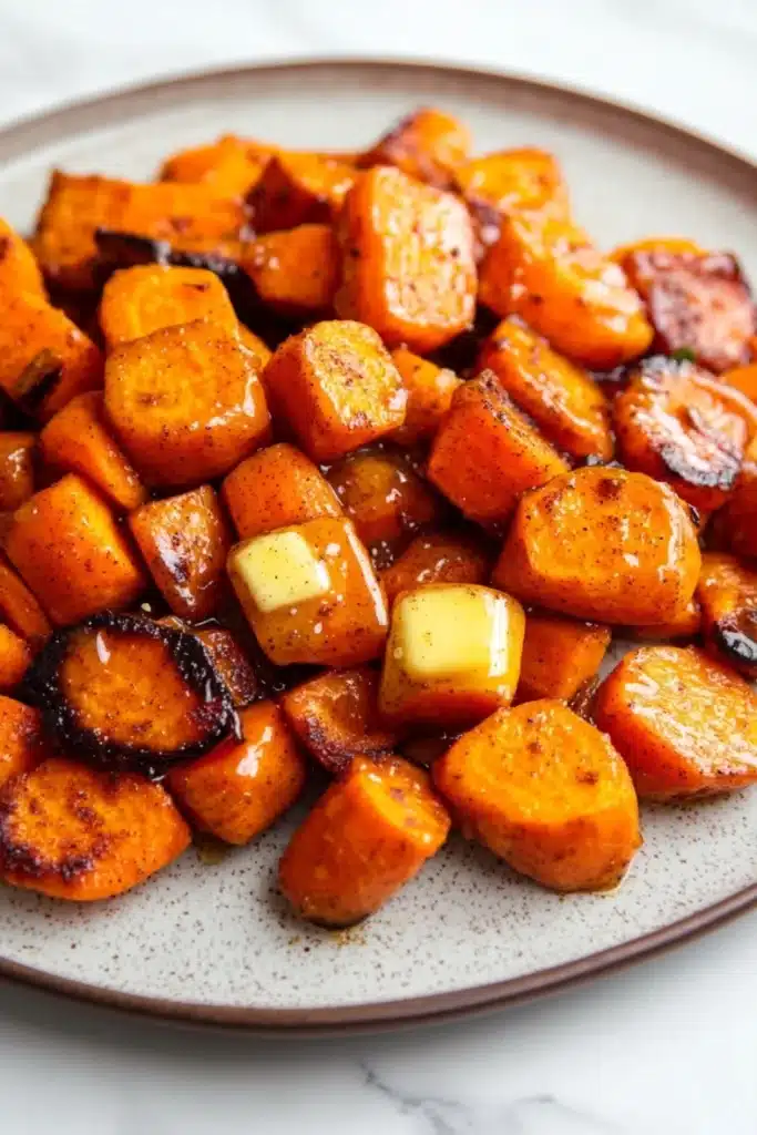 Honey glazed carrots and sweet potatoes - the image shows a plate of roasted sweet potatoes. the potatoes are orange in color and have a crispy texture. they are arranged in a circular pattern on the plate, with some overlapping each other. on top of the potatoes, there is a small block of butter, which is a light yellow color. the plate is white with a speckled pattern, and the background is blurred, making the potatoes the focal point of the image.