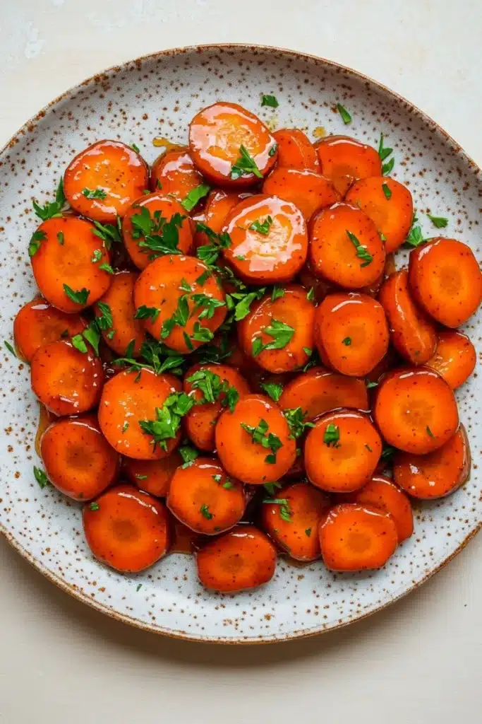 Honey glazed carrots vegan - the image is a close-up of a plate of cooked carrots. the carrots are bright orange in color and appear to be seasoned with herbs and spices. they are arranged in a circular pattern on the plate, with some overlapping each other. the plate is white with a speckled pattern around the edges. the background is a plain white surface. the overall appearance of the dish is fresh and appetizing.