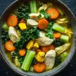 Immune boosting chicken tumeric soup - the image is a close-up of a bowl of soup. the soup appears to be made with chicken, carrots, celery, and other vegetables. the bowl is made of ceramic and is sitting on a dark grey surface. the broth is a light yellow color and is thick and creamy. there are also chunks of chicken and carrots visible in the soup, as well as some green herbs and spices. the vegetables are arranged in a circular pattern around the bowl. the overall appearance of the soup is fresh and appetizing.