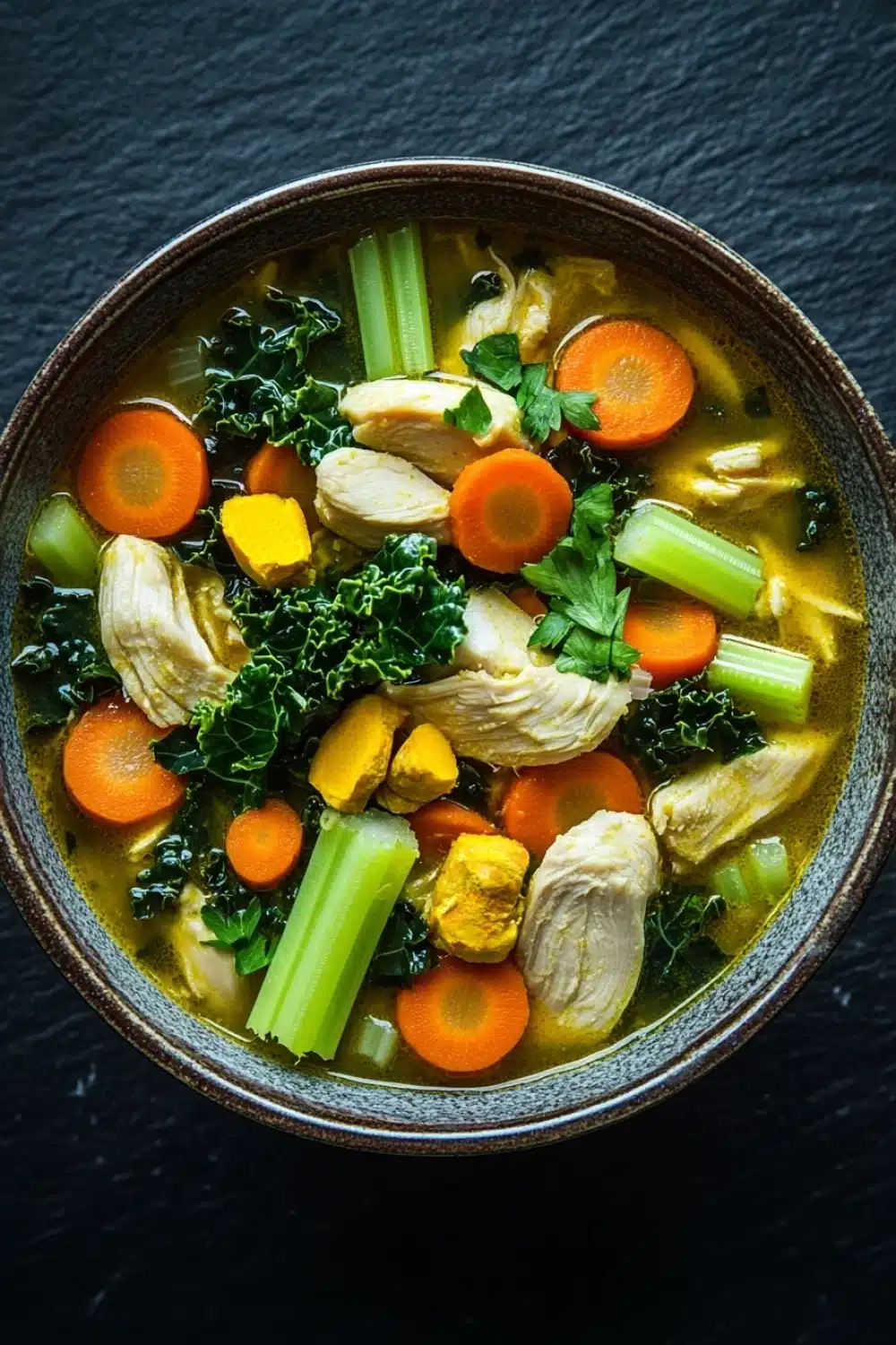 Immune boosting chicken tumeric soup - the image is a close-up of a bowl of soup. the soup appears to be made with chicken, carrots, celery, and other vegetables. the bowl is made of ceramic and is sitting on a dark grey surface. the broth is a light yellow color and is thick and creamy. there are also chunks of chicken and carrots visible in the soup, as well as some green herbs and spices. the vegetables are arranged in a circular pattern around the bowl. the overall appearance of the soup is fresh and appetizing.