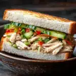 Japanese chicken salad sandwich - the image shows a sandwich on a wooden plate. the sandwich is made with two slices of toasted bread and is filled with shredded chicken, sliced cucumbers, red and green bell peppers, and other vegetables. the chicken appears to be seasoned with herbs and spices, and the vegetables are arranged in a colorful and appetizing manner. the plate is brown and has a rustic design. the background is blurred, but it seems to be a wooden table or countertop.
