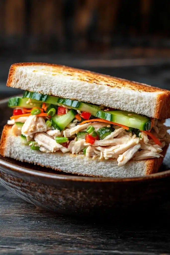 Japanese chicken salad sandwich - the image shows a sandwich on a wooden plate. the sandwich is made with two slices of toasted bread and is filled with shredded chicken, sliced cucumbers, red and green bell peppers, and other vegetables. the chicken appears to be seasoned with herbs and spices, and the vegetables are arranged in a colorful and appetizing manner. the plate is brown and has a rustic design. the background is blurred, but it seems to be a wooden table or countertop.