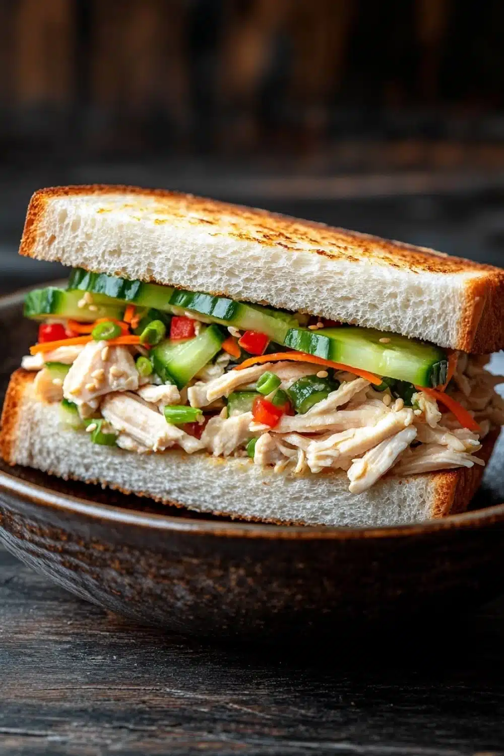Japanese chicken salad sandwich - the image shows a sandwich on a wooden plate. the sandwich is made with two slices of toasted bread and is filled with shredded chicken, sliced cucumbers, red and green bell peppers, and other vegetables. the chicken appears to be seasoned with herbs and spices, and the vegetables are arranged in a colorful and appetizing manner. the plate is brown and has a rustic design. the background is blurred, but it seems to be a wooden table or countertop.