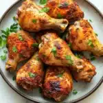 Juicy baked chicken legs and thighs - the image shows a plate of grilled chicken drumsticks on a white marble countertop. the drumsticks are golden brown and appear to be seasoned with herbs and spices. they are arranged in a circular pattern on the plate, with some of them overlapping each other. the plate is garnished with a sprig of fresh parsley. the overall presentation of the dish is appetizing and visually appealing.