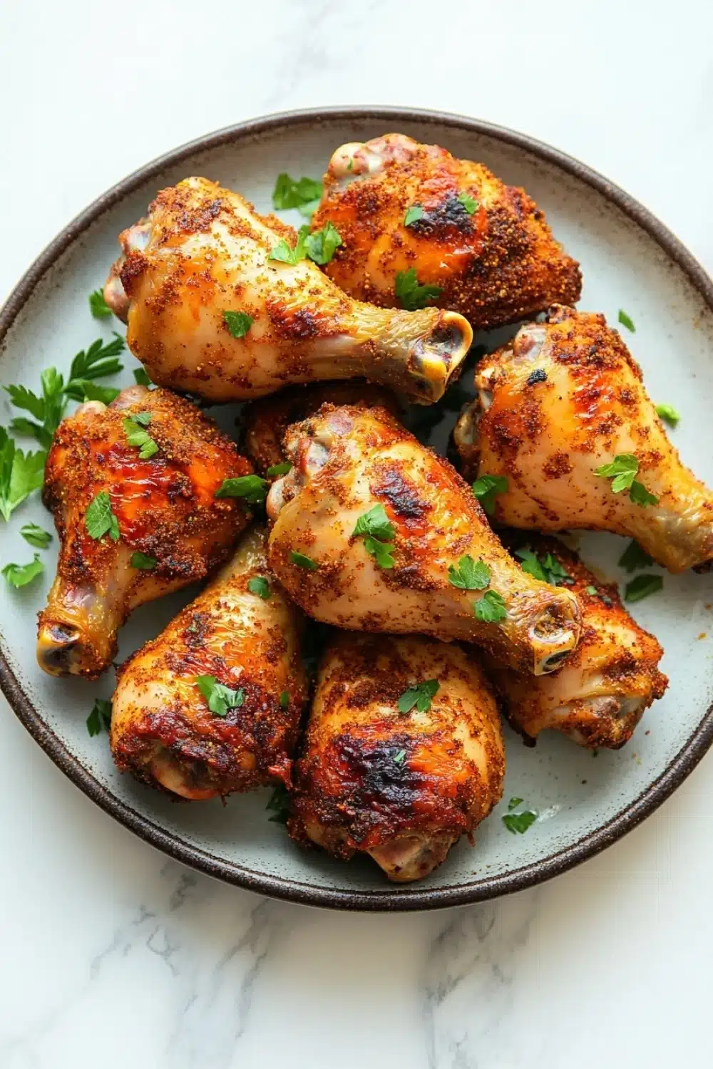 Juicy baked chicken legs and thighs - the image shows a plate of grilled chicken drumsticks on a white marble countertop. the drumsticks are golden brown and appear to be seasoned with herbs and spices. they are arranged in a circular pattern on the plate, with some of them overlapping each other. the plate is garnished with a sprig of fresh parsley. the overall presentation of the dish is appetizing and visually appealing.