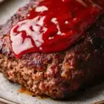 Juicy meatloaf beef - the image shows a plate with a meatloaf on it. the meat appears to be cooked and has a dark brown color. on top of the meat, there is a generous amount of red sauce, which is spread evenly over the top. the sauce is thick and thick, and it looks like it would be a type of sauce that is dripping down the sides of the plate. the plate is white with a brown rim, and the background is blurred, making the meat the focal point of the image.