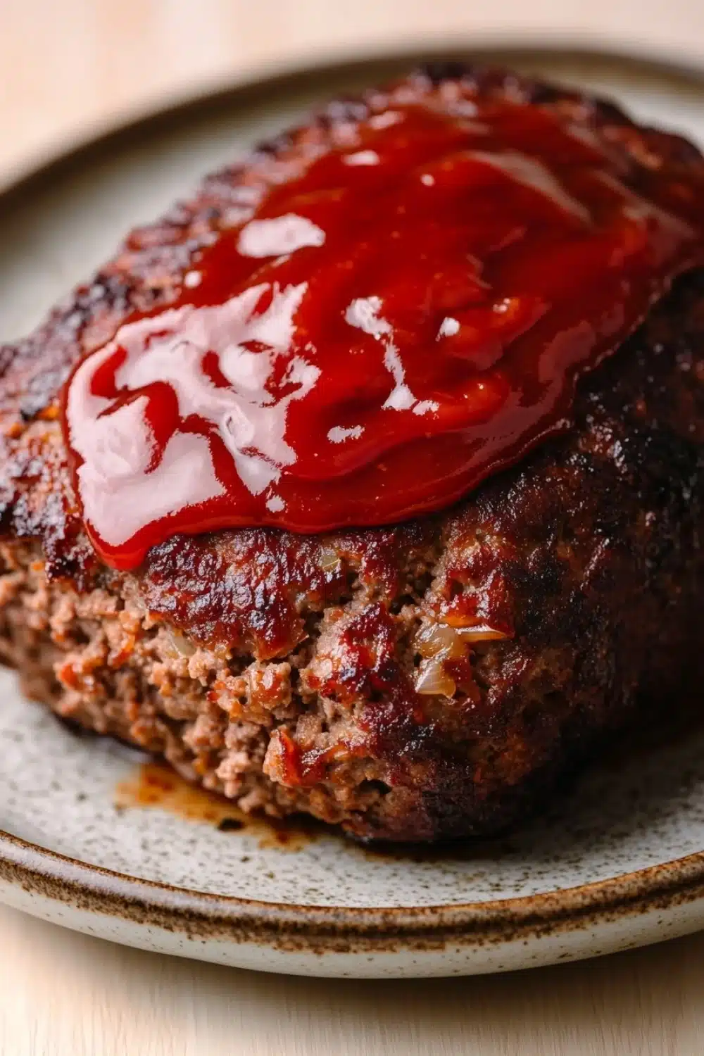 Juicy meatloaf beef - the image shows a plate with a meatloaf on it. the meat appears to be cooked and has a dark brown color. on top of the meat, there is a generous amount of red sauce, which is spread evenly over the top. the sauce is thick and thick, and it looks like it would be a type of sauce that is dripping down the sides of the plate. the plate is white with a brown rim, and the background is blurred, making the meat the focal point of the image.