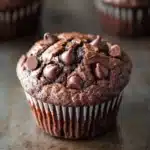 Jumbo double chocolate muffin - the image shows a close-up of a chocolate muffin on a baking tray. the muffin is round and has a golden brown color. it is topped with small chocolate chips scattered across top. the tray is lined with white paper liners. in the background, there are more muffins visible, but they are slightly blurred. the overall mood of the image is warm and inviting.