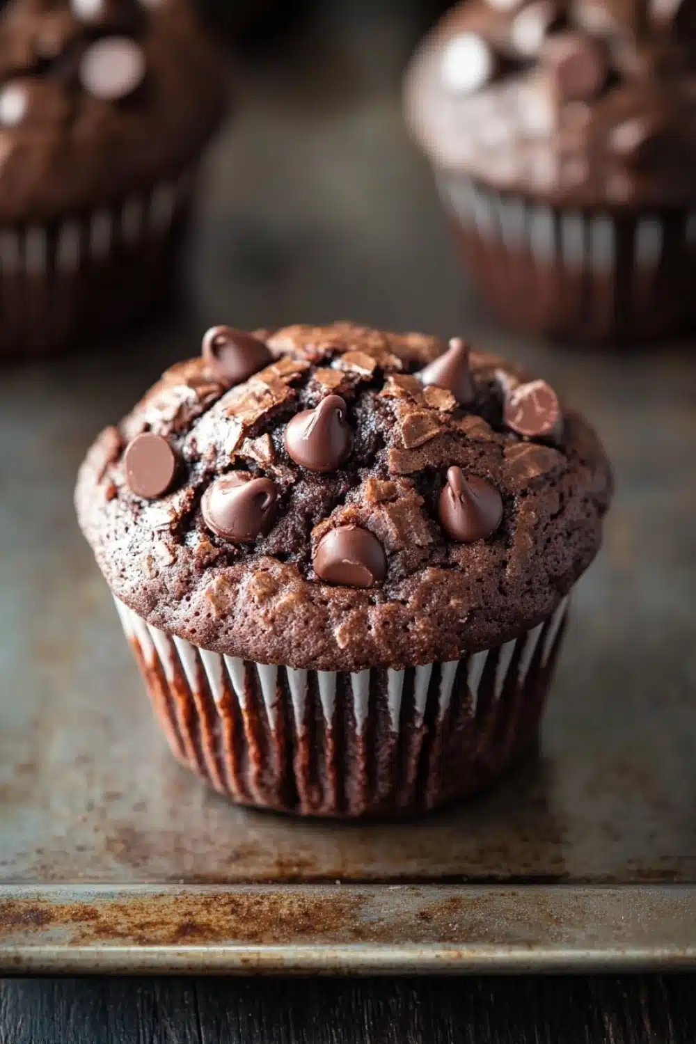 Jumbo double chocolate muffin - the image shows a close-up of a chocolate muffin on a baking tray. the muffin is round and has a golden brown color. it is topped with small chocolate chips scattered across top. the tray is lined with white paper liners. in the background, there are more muffins visible, but they are slightly blurred. the overall mood of the image is warm and inviting.